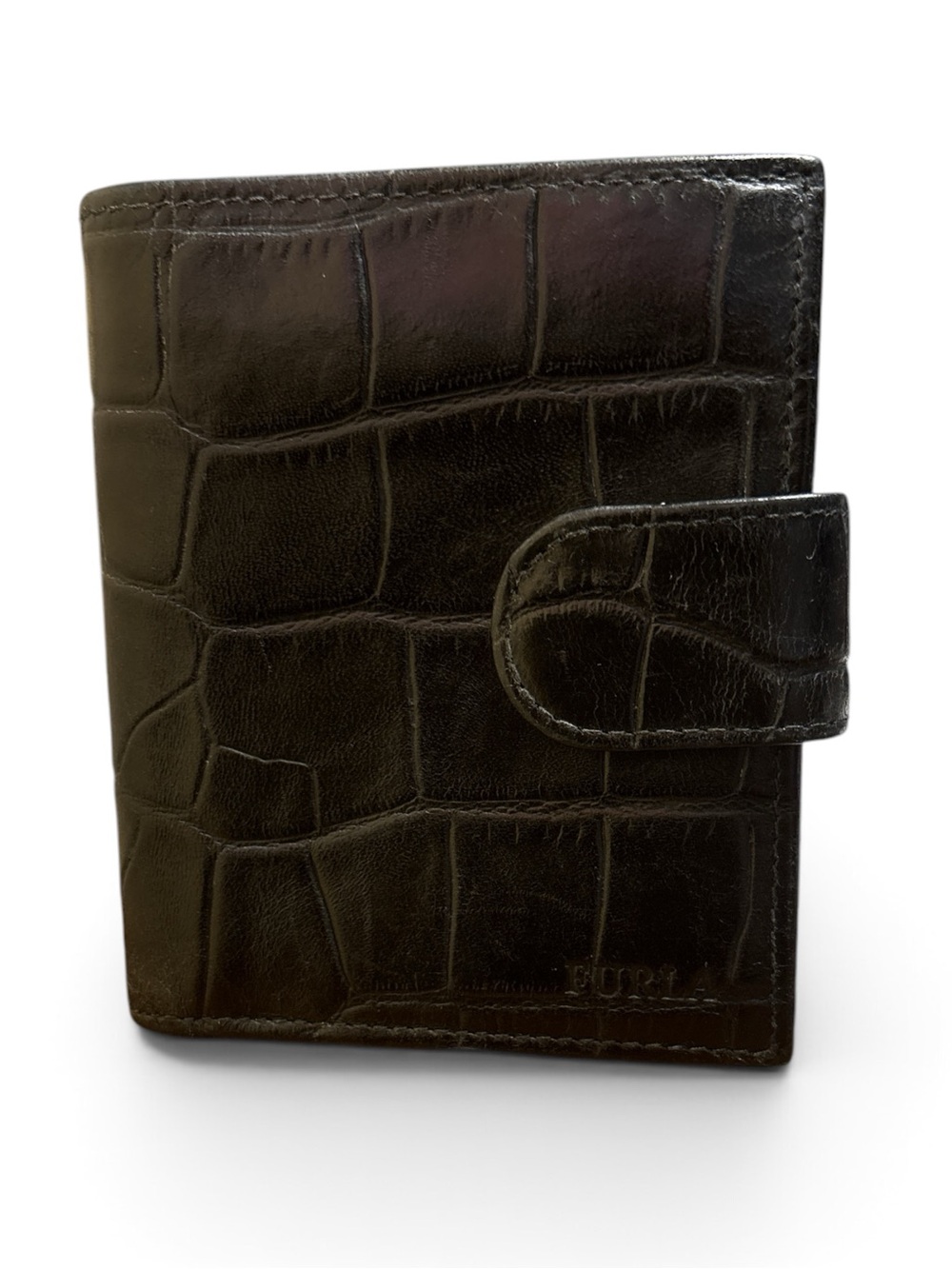 Furla Black Croc-Embossed Leather Wallet with Snap Tab